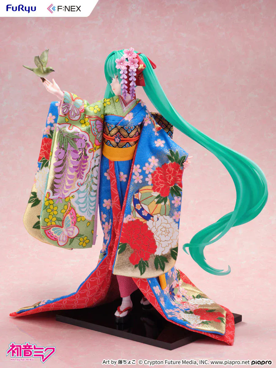 Hatsune Miku 1/4 scale figure wearing a detailed traditional Japanese kimono with a bird on her hand.