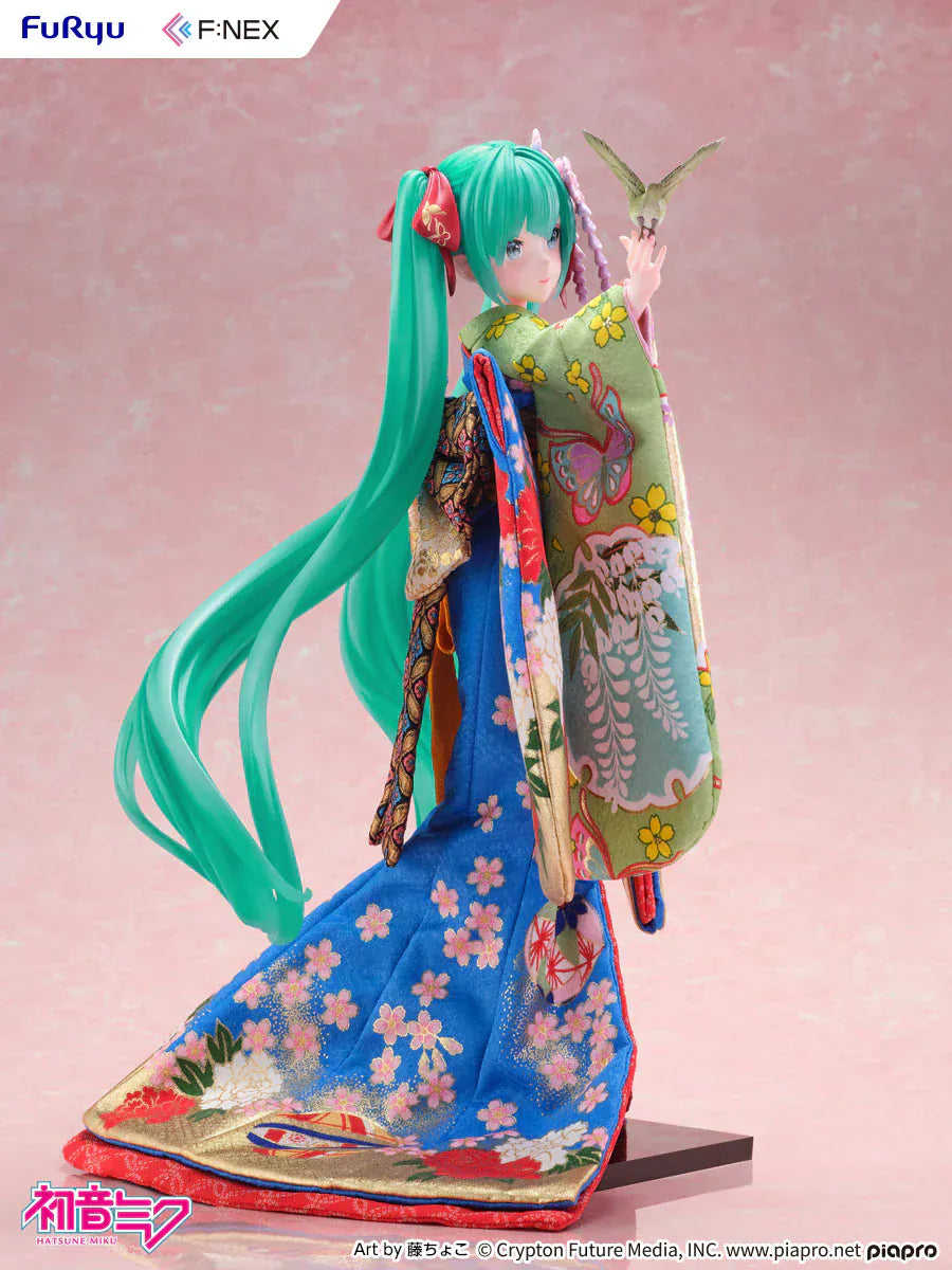 Hatsune Miku 1/4 scale figure wearing a detailed traditional Japanese kimono with a bird on her hand.