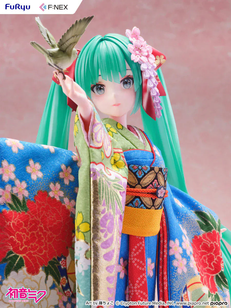 Hatsune Miku 1/4 scale figure wearing a detailed traditional Japanese kimono with a bird on her hand.