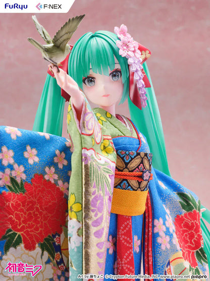 Hatsune Miku 1/4 scale figure wearing a detailed traditional Japanese kimono with a bird on her hand.