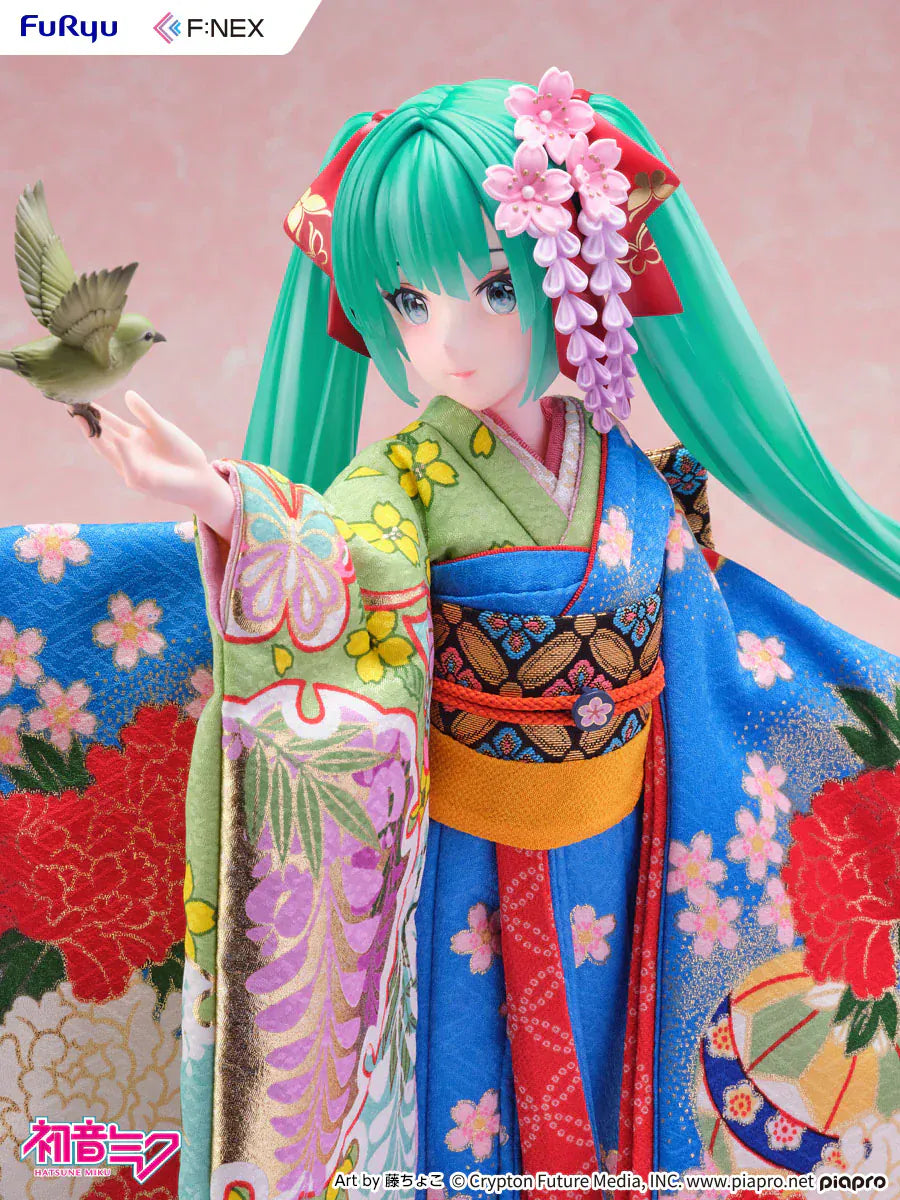 Hatsune Miku 1/4 scale figure wearing a detailed traditional Japanese kimono with a bird on her hand.