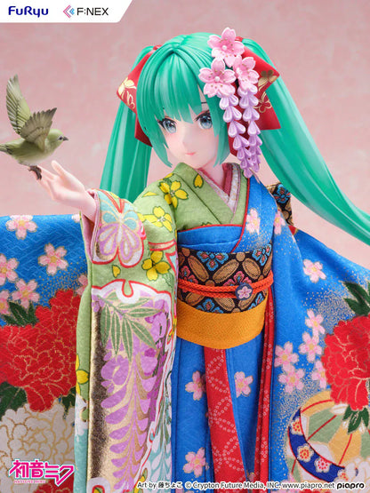 Hatsune Miku 1/4 scale figure wearing a detailed traditional Japanese kimono with a bird on her hand.