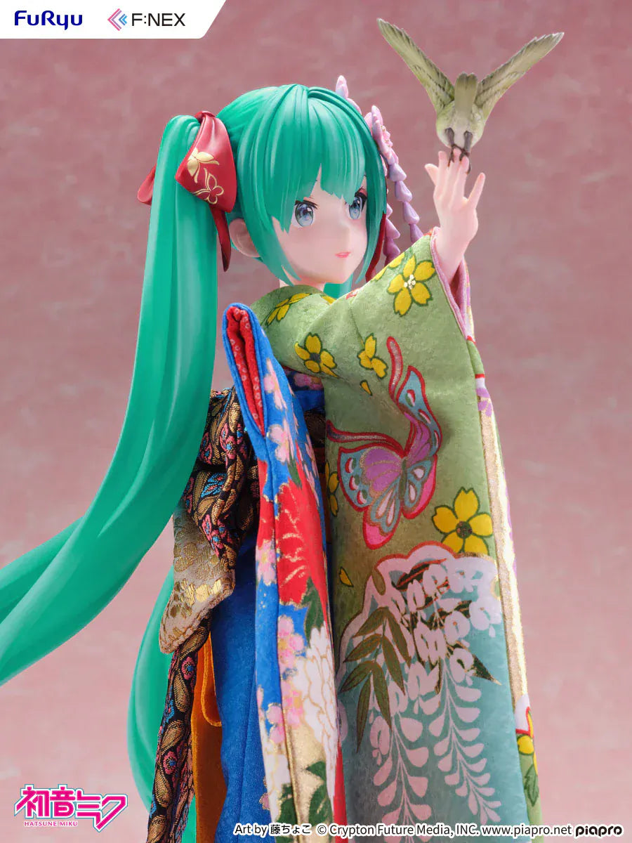 Hatsune Miku 1/4 scale figure wearing a detailed traditional Japanese kimono with a bird on her hand.