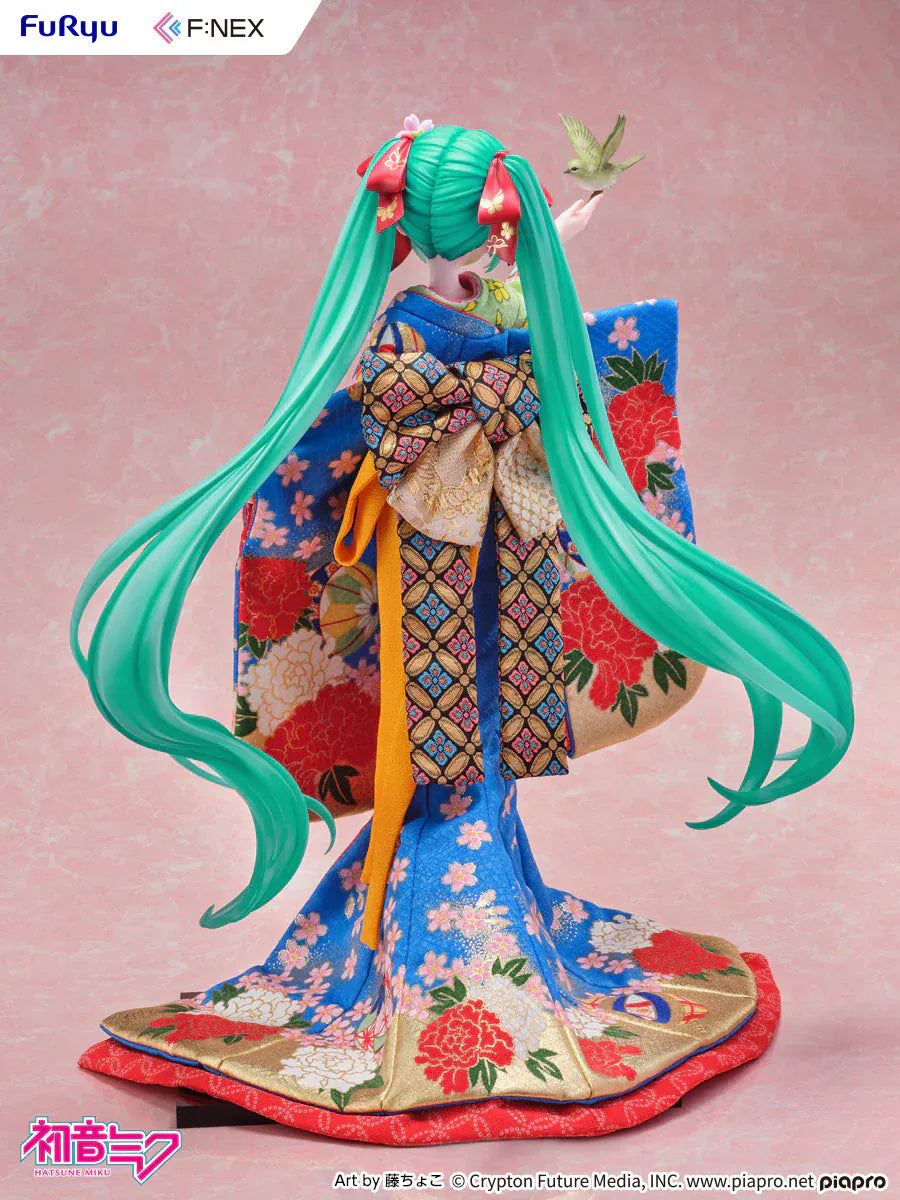 Hatsune Miku 1/4 scale figure wearing a detailed traditional Japanese kimono with a bird on her hand.