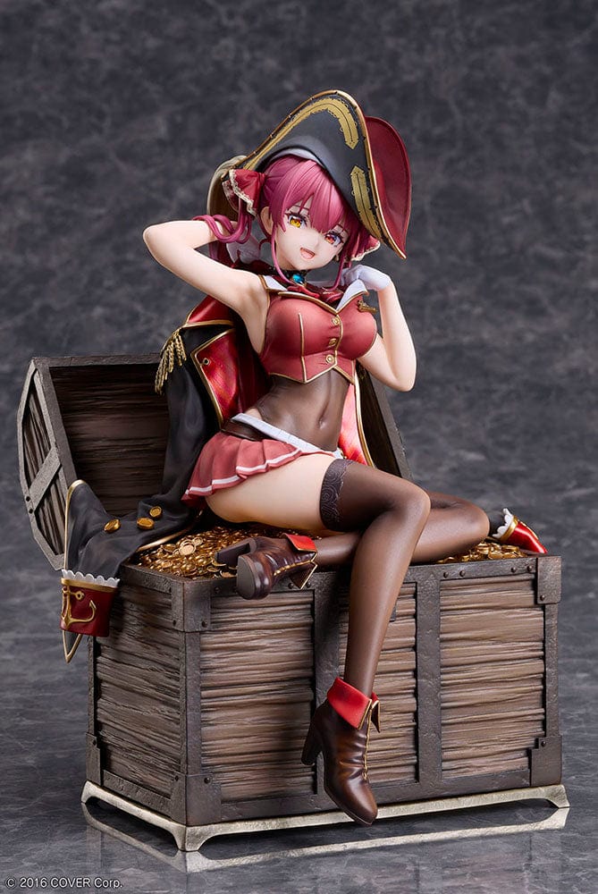 Hololive Production Houshou Marine 1/7 Scale Figure featuring the pirate captain lounging atop a treasure chest filled with gold coins, dressed in her signature pirate attire, set against a white background.