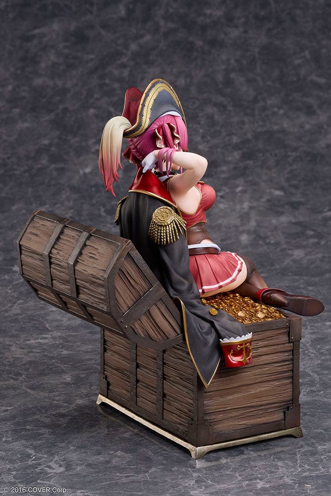 Hololive Production Houshou Marine 1/7 Scale Figure featuring the pirate captain lounging atop a treasure chest filled with gold coins, dressed in her signature pirate attire, set against a white background.