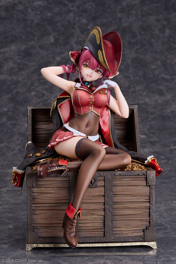 Hololive Production Houshou Marine 1/7 Scale Figure featuring the pirate captain lounging atop a treasure chest filled with gold coins, dressed in her signature pirate attire, set against a white background.