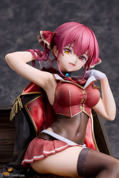 Hololive Production Houshou Marine 1/7 Scale Figure featuring the pirate captain lounging atop a treasure chest filled with gold coins, dressed in her signature pirate attire, set against a white background.