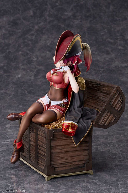 Hololive Production Houshou Marine 1/7 Scale Figure featuring the pirate captain lounging atop a treasure chest filled with gold coins, dressed in her signature pirate attire, set against a white background.