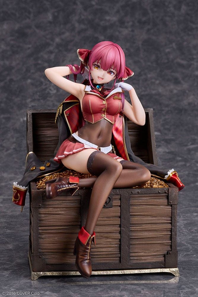 Hololive Production Houshou Marine 1/7 Scale Figure featuring the pirate captain lounging atop a treasure chest filled with gold coins, dressed in her signature pirate attire, set against a white background.