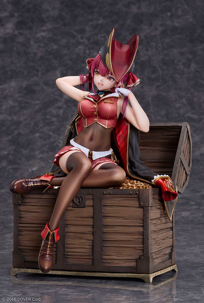 Hololive Production Houshou Marine 1/7 Scale Figure featuring the pirate captain lounging atop a treasure chest filled with gold coins, dressed in her signature pirate attire, set against a white background.