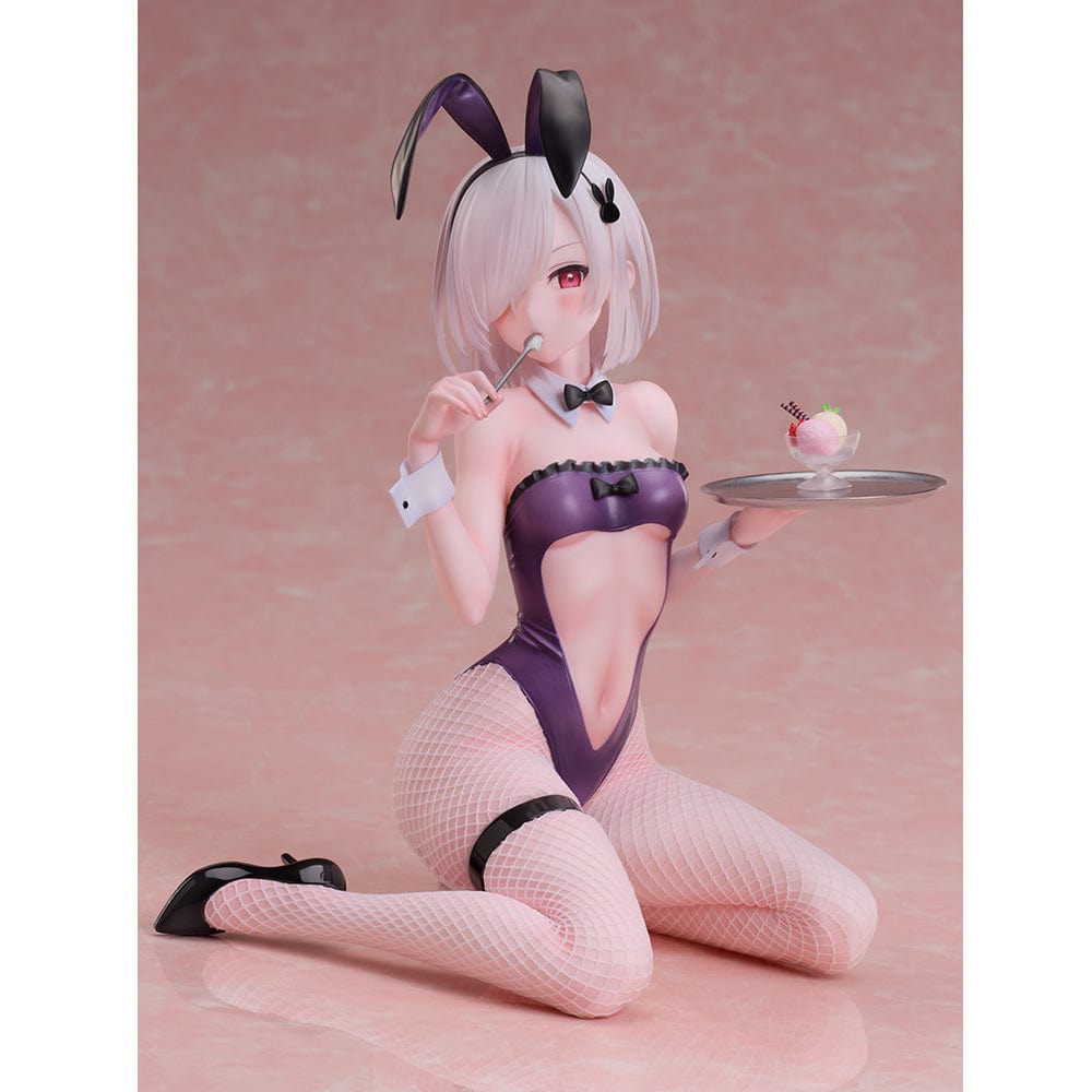 Iro Bunny 1/6 Scale Figure by Mignon in a purple bunny suit, holding a dessert tray with detailed fishnet stockings and a playful pose.