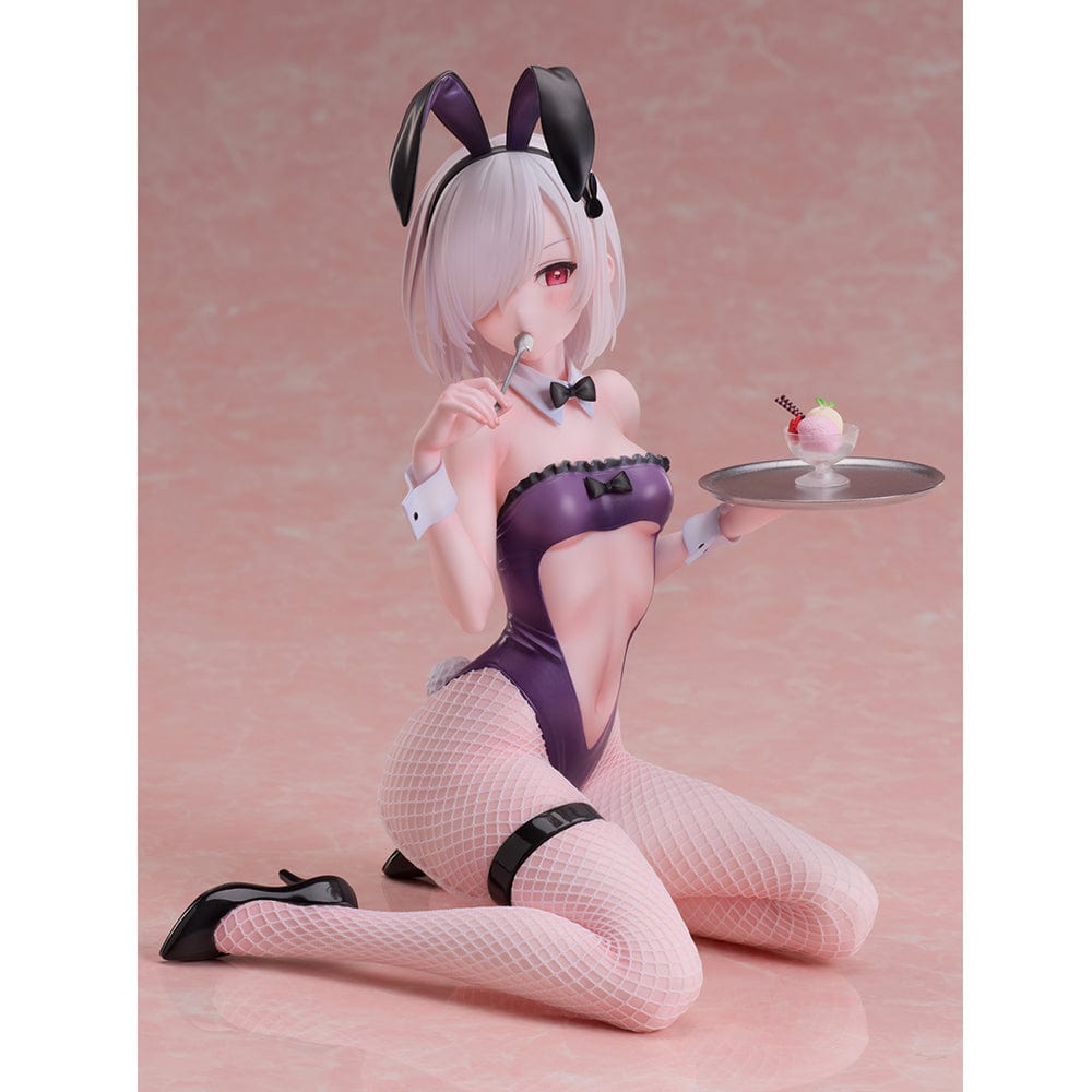 Iro Bunny 1/6 Scale Figure by Mignon in a purple bunny suit, holding a dessert tray with detailed fishnet stockings and a playful pose.