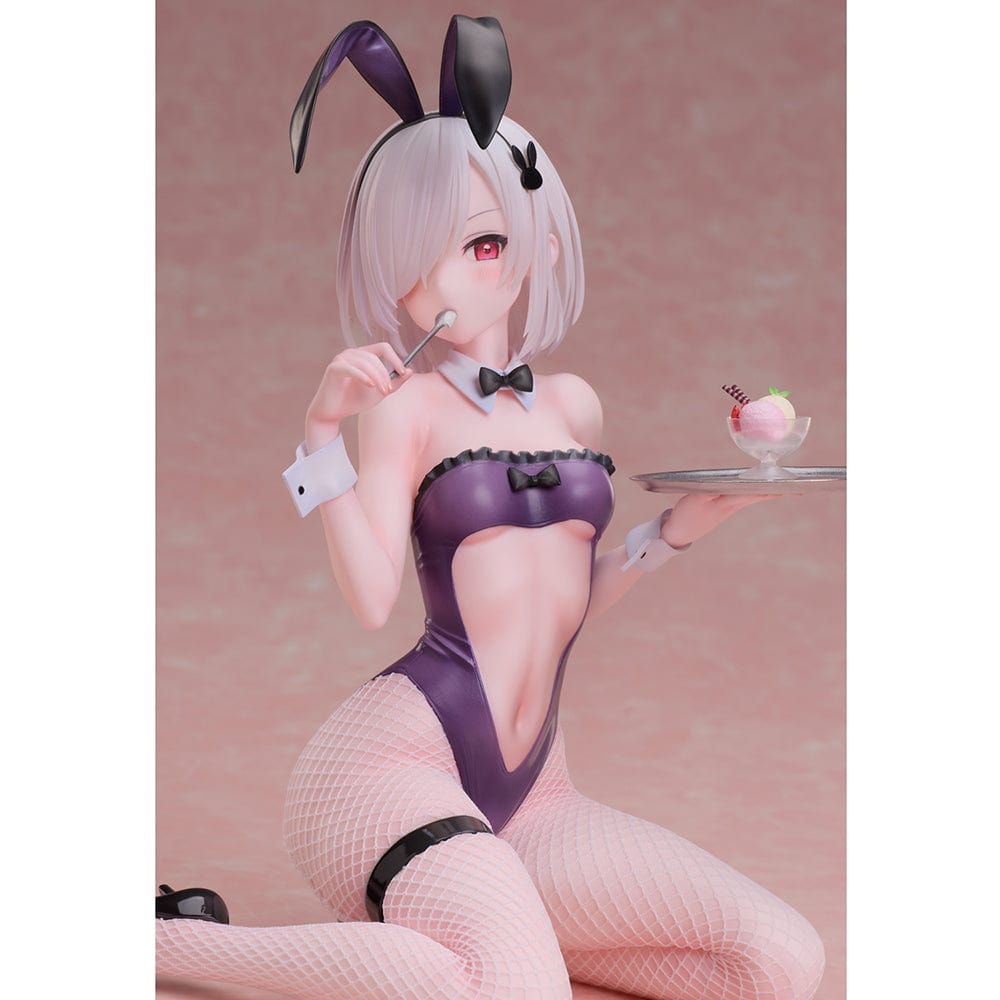 Iro Bunny 1/6 Scale Figure by Mignon in a purple bunny suit, holding a dessert tray with detailed fishnet stockings and a playful pose.