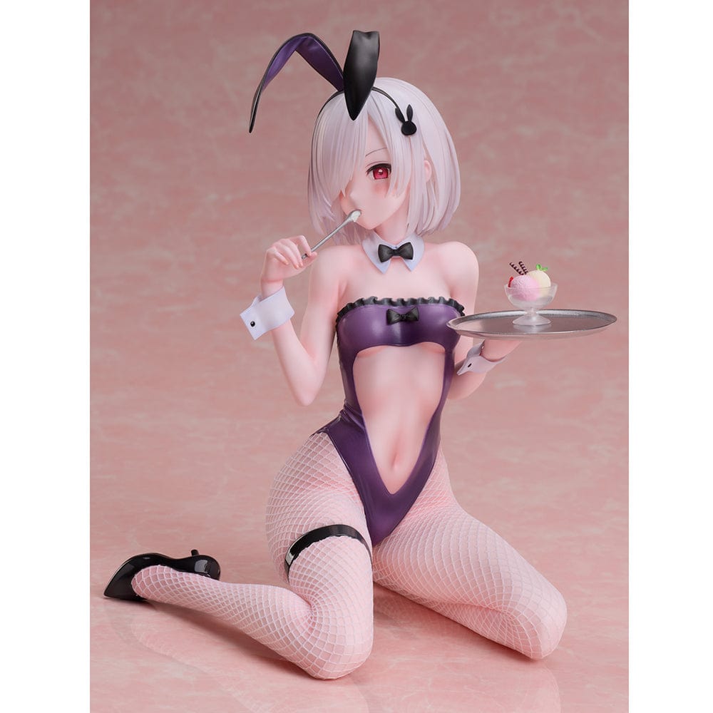 Iro Bunny 1/6 Scale Figure by Mignon in a purple bunny suit, holding a dessert tray with detailed fishnet stockings and a playful pose.